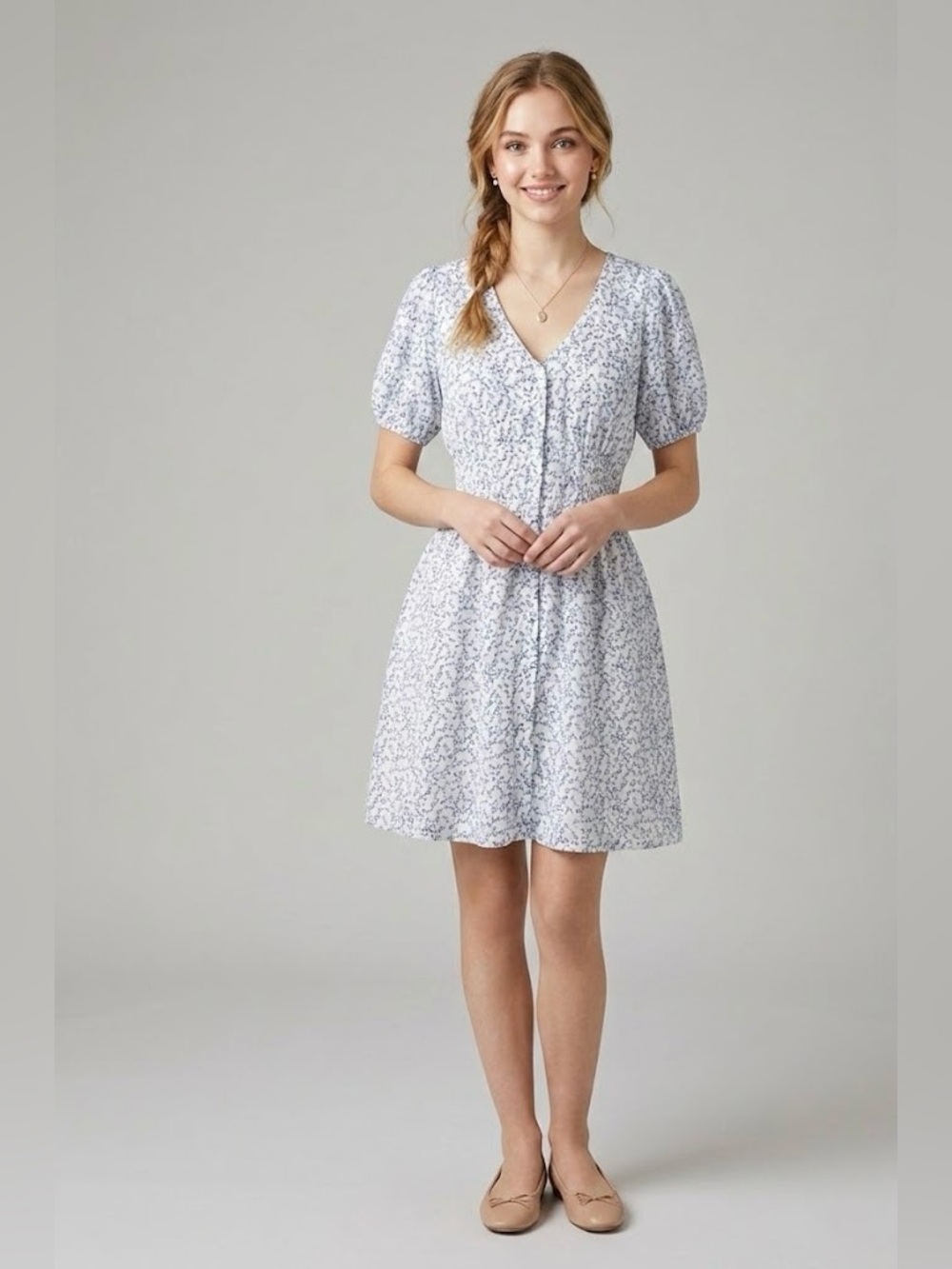 ✨ Sienna Sky Blue Floral Puff Sleeve Mini Dress ✨ Preloved ✨ Size Large ✨
